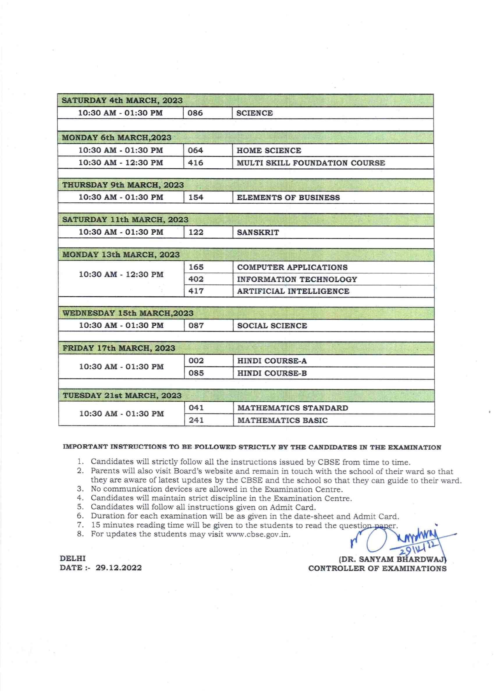 Cbse date sheet 2023 class 10