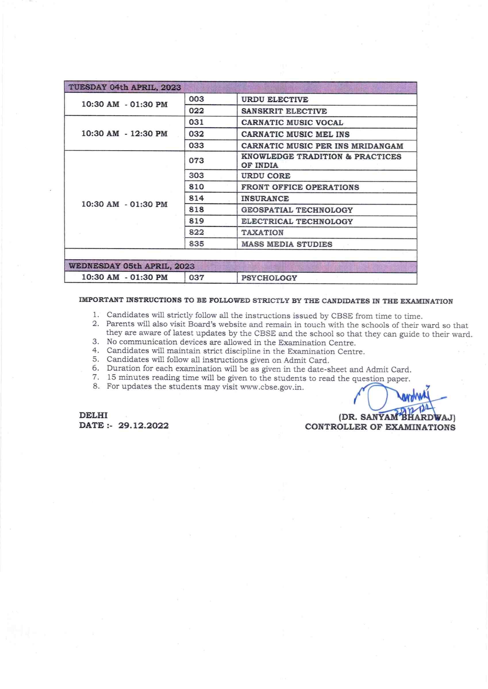 Cbse date sheet 2023 class 12

