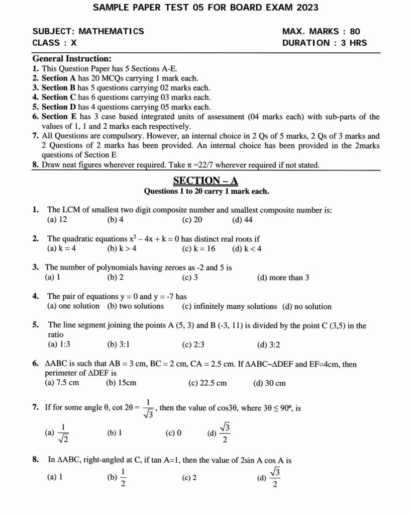 Sample paper class 10 Maths 2022-23