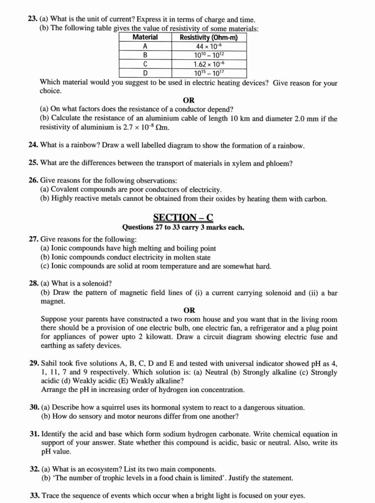 CBSE Class 10 Science sample paper for board exam 2023 with solutions

