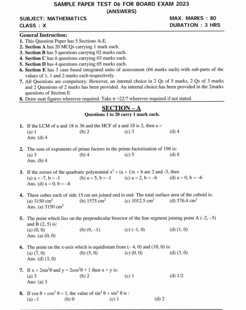 Sample paper class 10 Maths 2022-23

