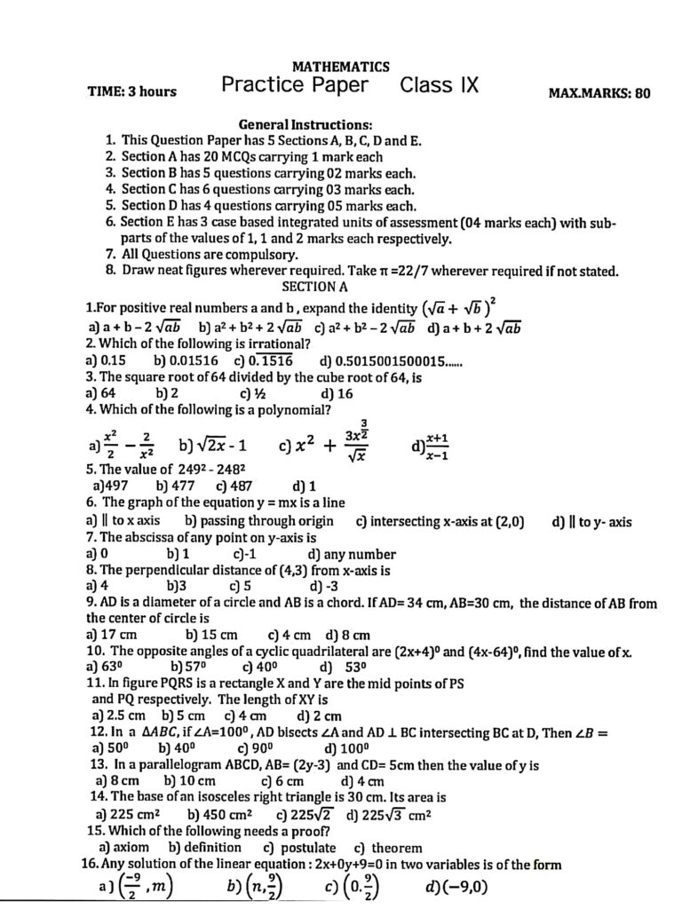 Sample Paper Class 9 Maths 2024-25