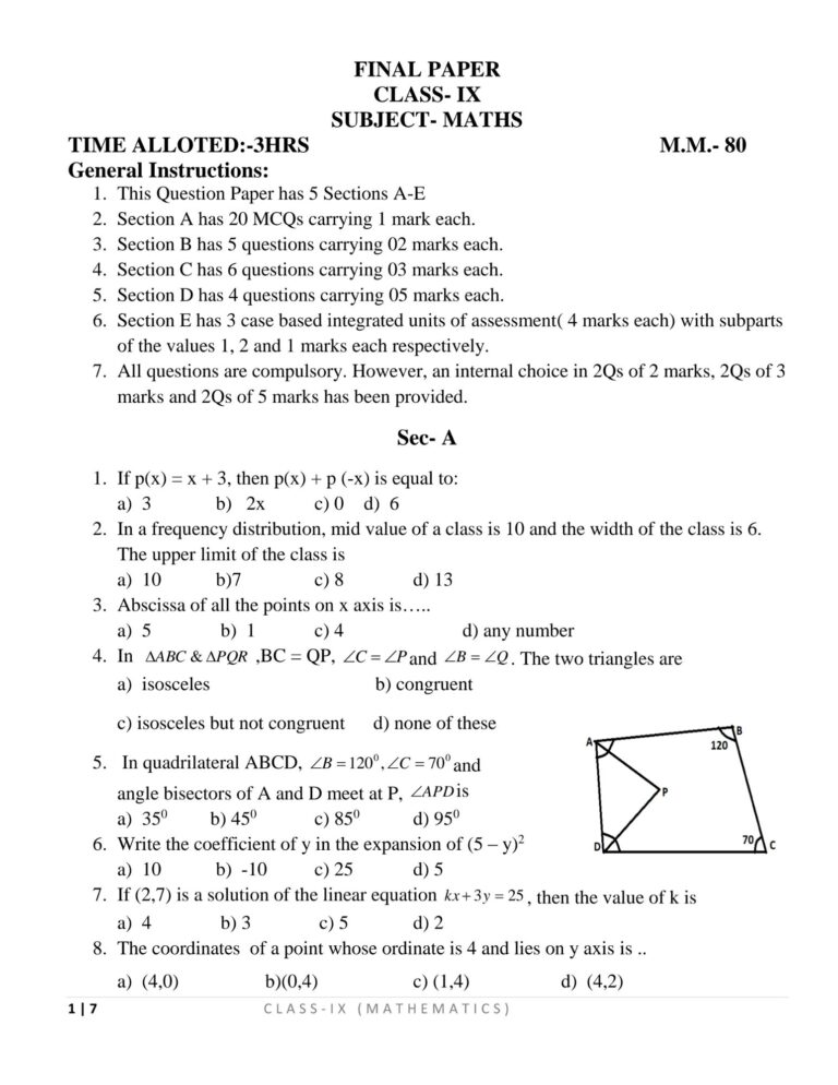 Class 9 Maths Sample Paper 2025 PDF Download