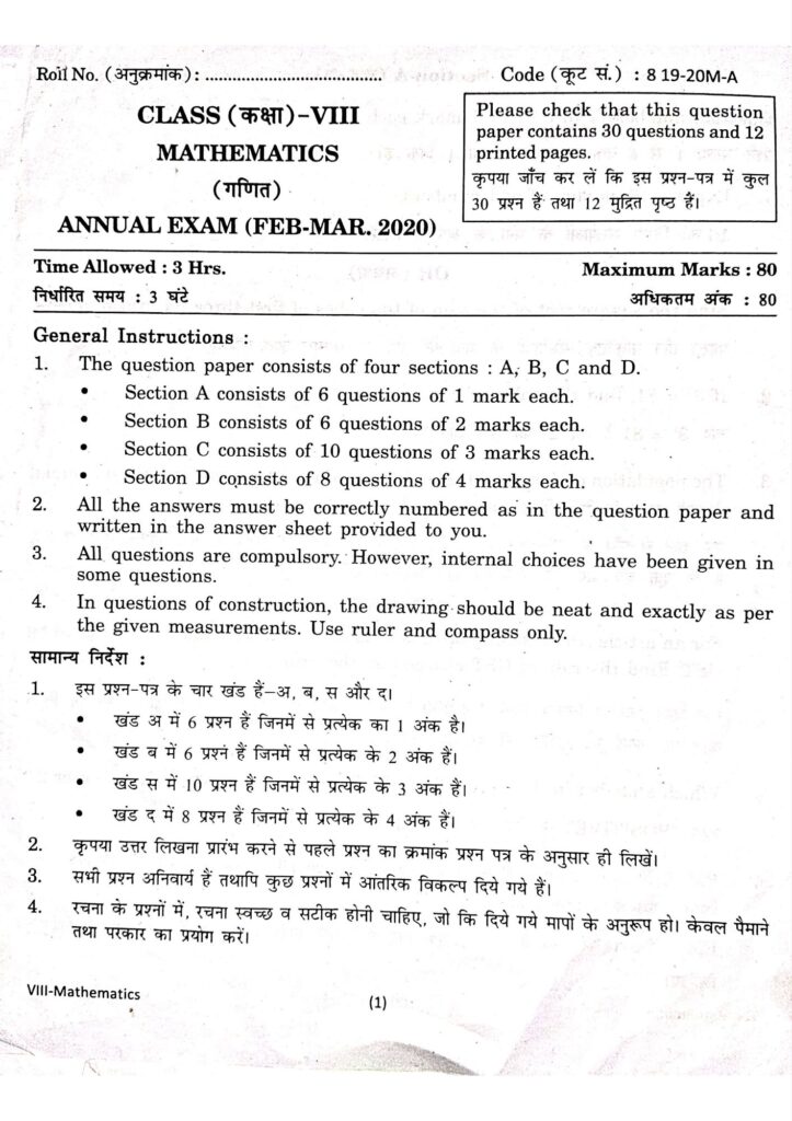 Class 8 DAV Maths Annual Examination Papers