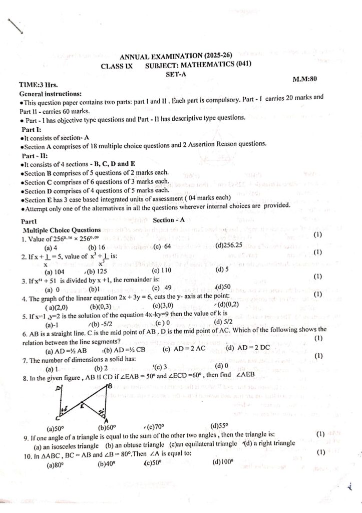 Class 9 Maths Annual Question Paper 2025-26 PDF – Final Exam Paper Page 1